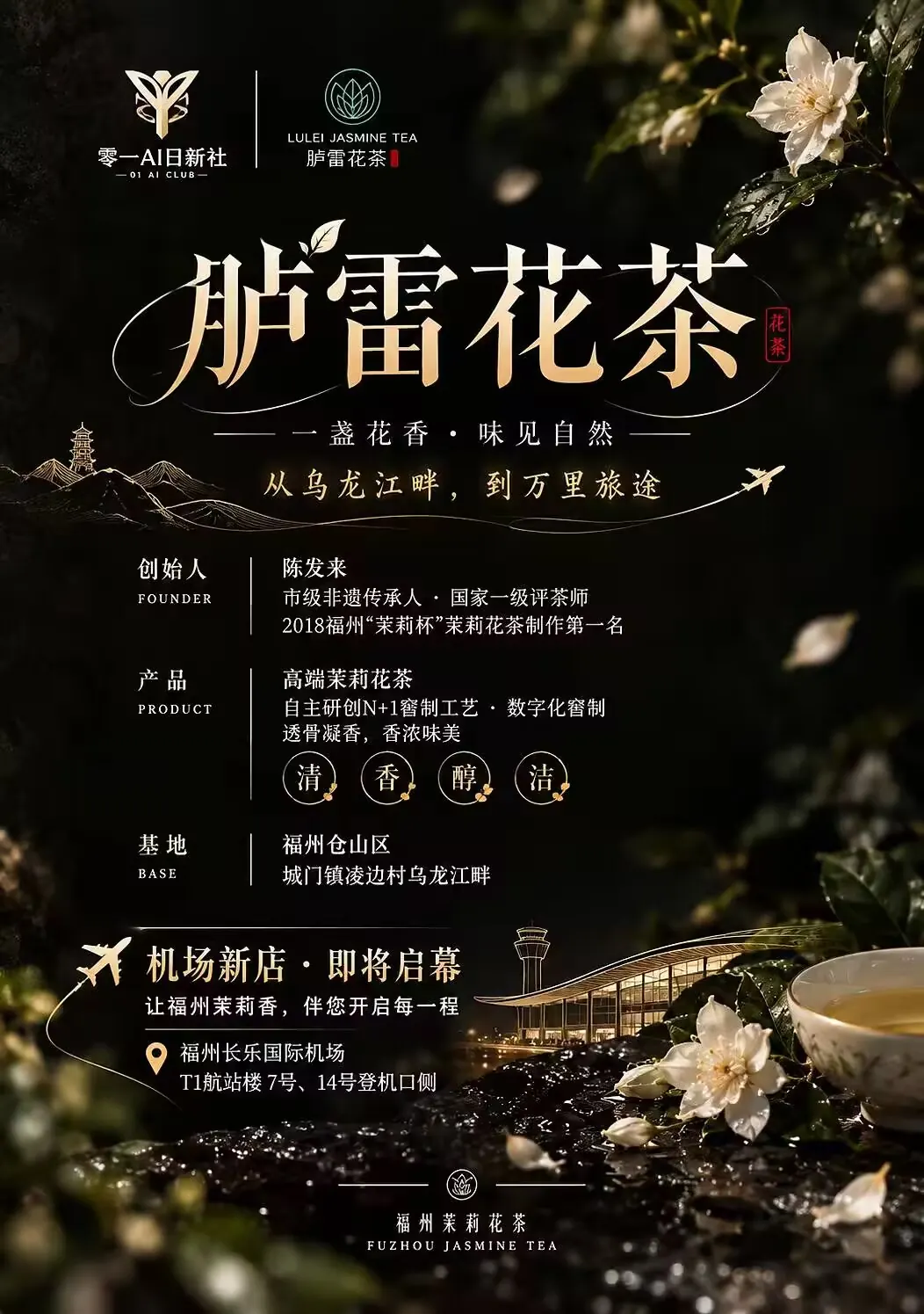 胪雷花茶与零一 AI 日新社合作品牌海报